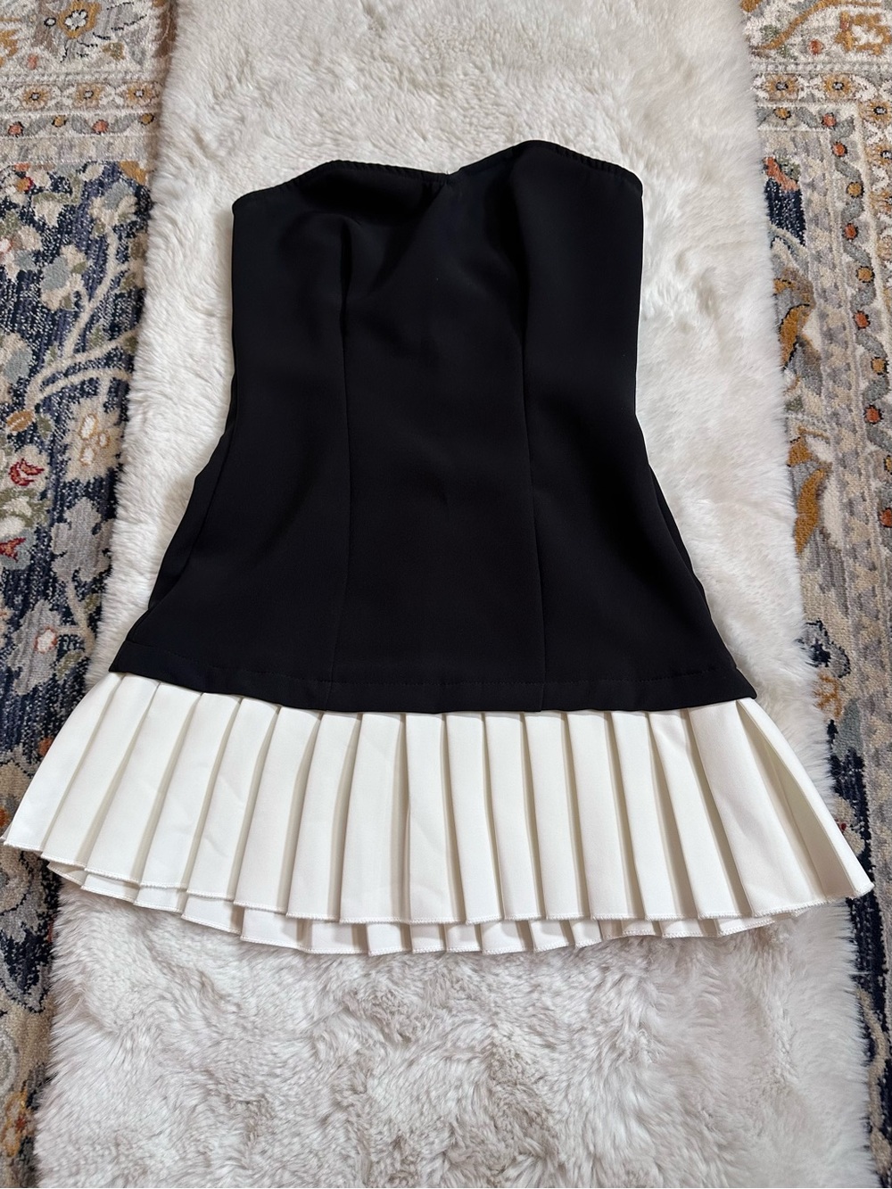 Strapless Black Mini Dress with White Pleated Hem - Picture 2 of 9